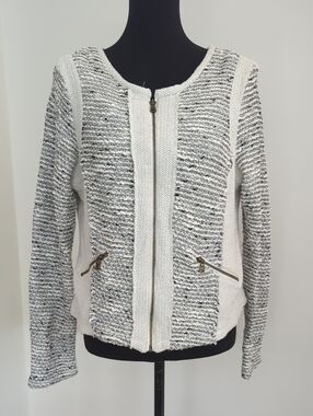 DREW Marled Gray and Cream Knit Zip Cardigan